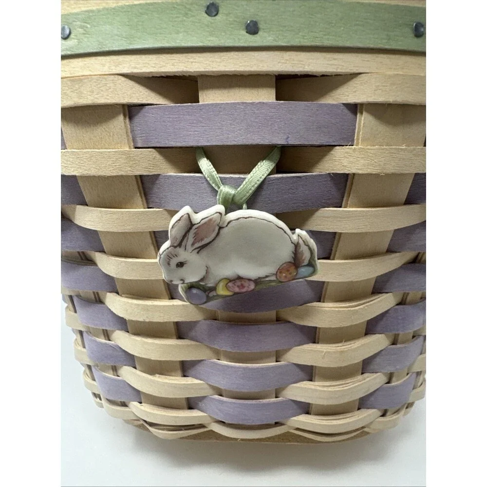 Longaberger 2004 Whitewash Easter Basket + Protector Set, Liner, Bunny Tie On